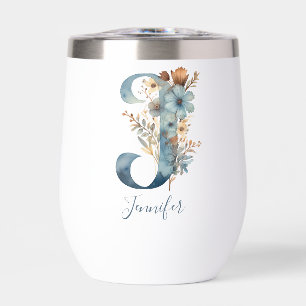 Monogram Initial J Blue Floral Watercolor Gift Her Thermal Wine Tumbler