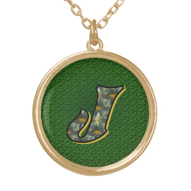 Monogram Initial J Daisies Flower Art Gold Plated Necklace (Front)