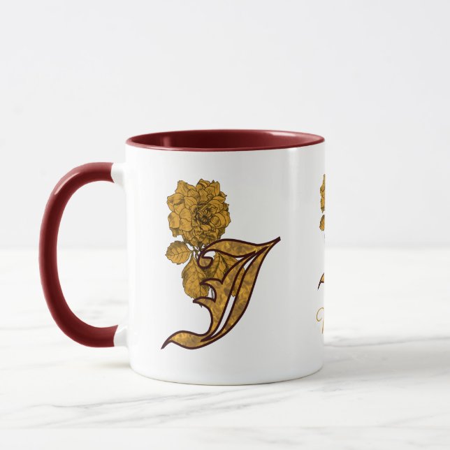Monogram Initial J Elegant Gold Peony Personalized Mug (Left)