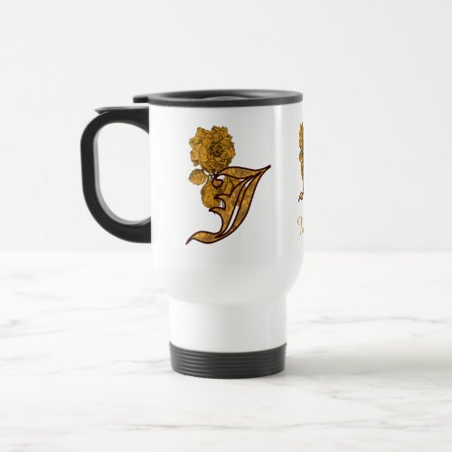Monogram Initial J Elegant Gold Peony Personalized Travel Mug
