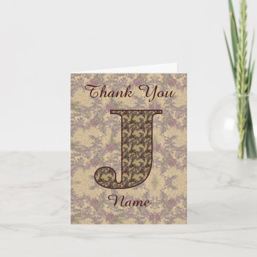 Monogram Initial J Elegant Vintage Floral  Thank You Card