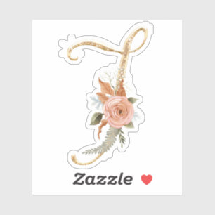 Monogram Initial J Gold Glitter Peony Rose Floral Sticker