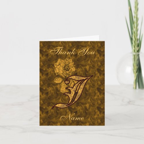 Monogram Initial J Gold Satin Peony Personalized Thank You Card