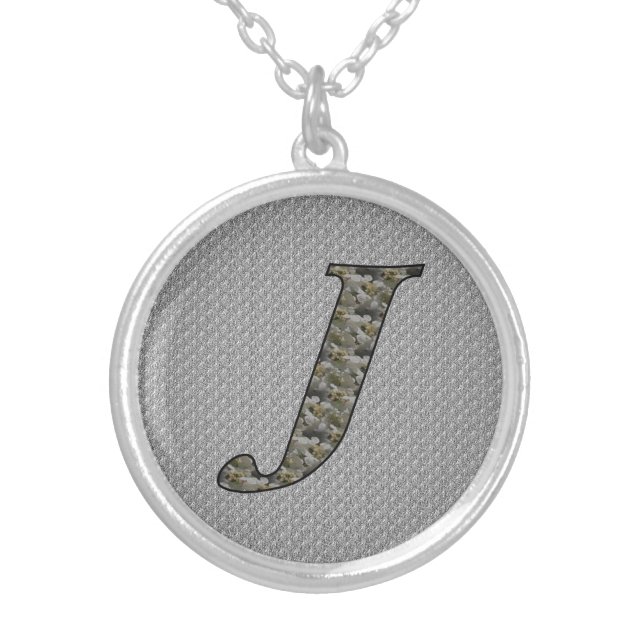 Monogram Initial J Hydrangea Flowers Silver Plated Necklace (Front)