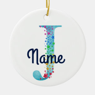 Monogram Initial J Rainbow Star design Ceramic Ornament