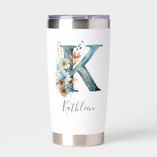 Monogram Initial K Blue Floral Watercolor Gift Her Insulated Tumbler