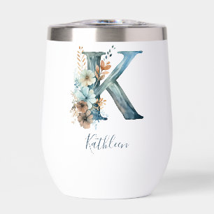 Monogram Initial K Blue Floral Watercolor Gift Her Thermal Wine Tumbler