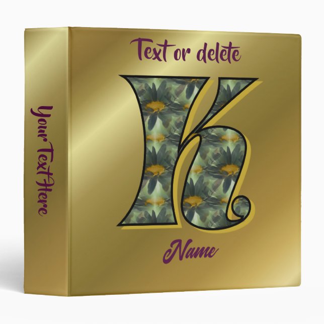 Monogram Initial K Daisies Floral Art Personalized 3 Ring Binder (Front/Spine)