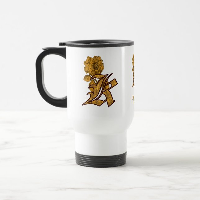 Monogram Initial K Elegant Gold Peony Personalized Travel Mug (Left)
