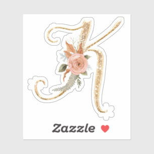 Monogram Initial K Gold Glitter Peony Rose Floral Sticker