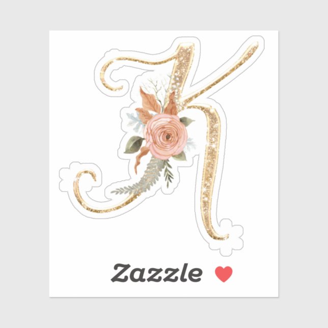 Monogram Initial K Gold Glitter Peony Rose Floral Sticker (Sheet)