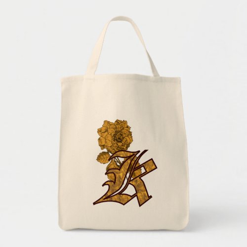 Monogram Initial K Gold Peony Tote Bag