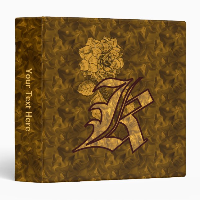 Monogram Initial K Gold Satin Peony Personalized 3 Ring Binder (Front/Spine)