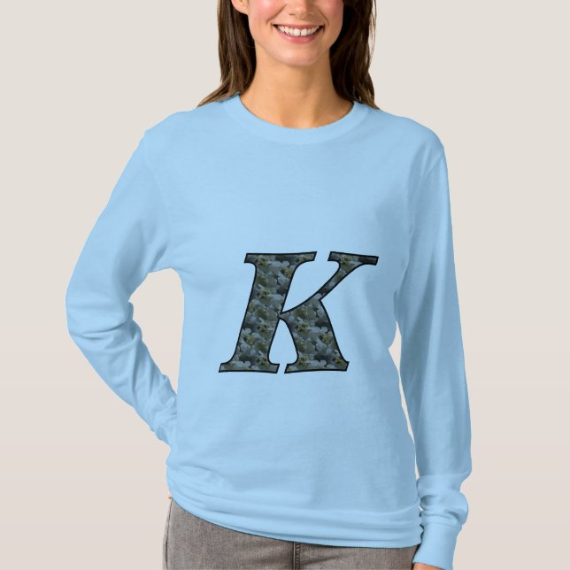 Monogram Initial K Hydrangea Floral T Shirt (Front)