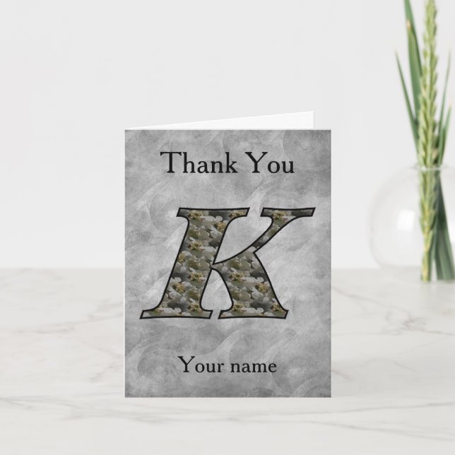 Monogram Initial K Hydrangea Flowers Personalized Letterpress Thank You Card (Front)