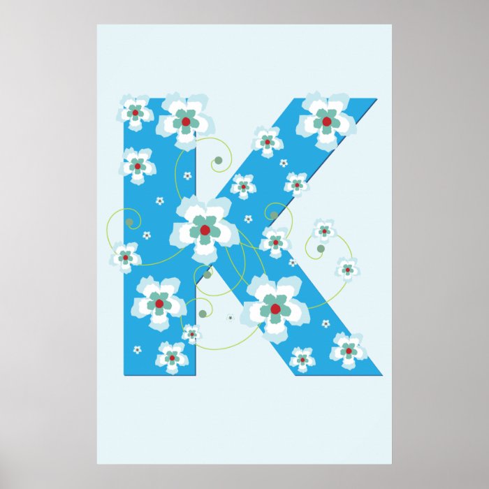 Monogram initial K pretty blue flowers poster