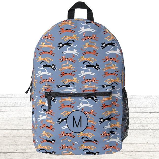Monogram Initial Kitty Cat Personalized Printed Backpack (Fun kitty cat blue personalized monogram initial backpack)