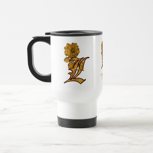 Monogram Initial L Elegant Gold Peony Personalized Travel Mug (Left)
