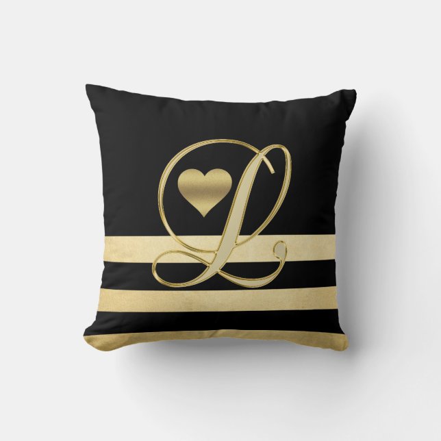 Monogram Initial 'L' Gold Black Heart Throw Pillow (Front)