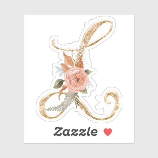 Monogram Initial L Gold Glitter Peony Rose Floral Sticker (Sheet)