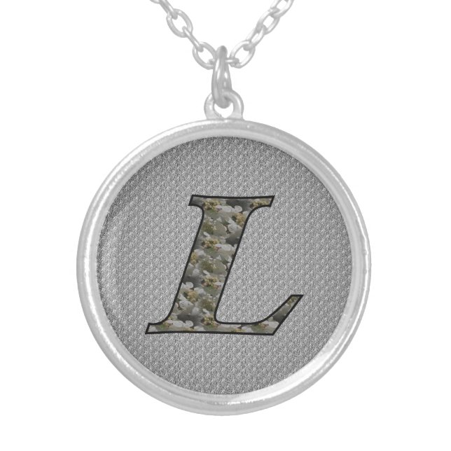 Monogram Initial L Hydrangea Flowers Silver Plated Necklace (Front)