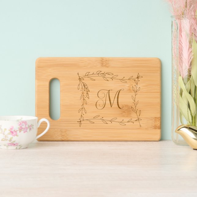 Monogram Initial Laurel Leaf Frame Engraved Cutting Board (Upright)