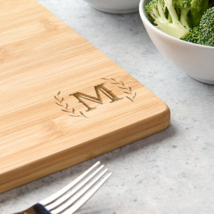 Monogram Initial Laurel Wreath Wood Engraved Cutting Board