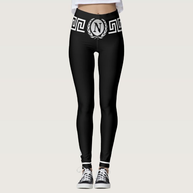 Monogram Initial, Laurels, Greek Key Hermes Wings  Leggings (Front)