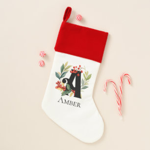Monogram Initial Letter A Berry Wreath Christmas Stocking