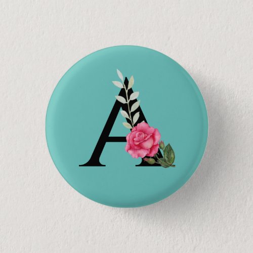 Monogram Initial Letter A in White Pink Rose Button