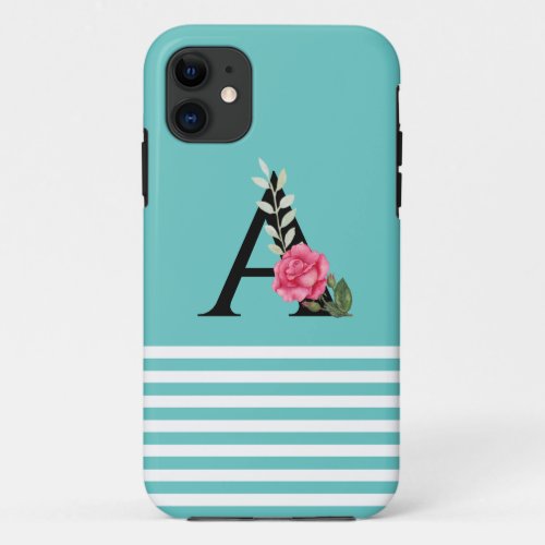 Monogram Initial Letter A in White Pink Rose iPhone 11 Case