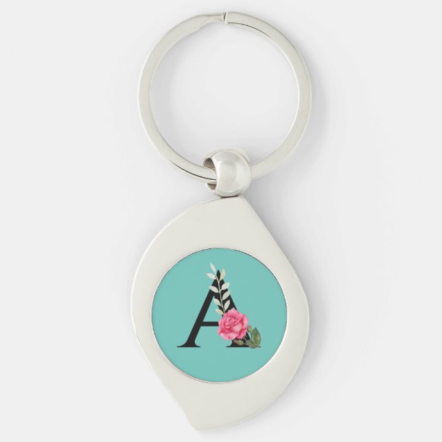 Monogram Initial Letter A in White Pink Rose Keychain (Front)