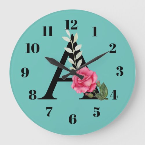 Monogram Initial Letter A in White Pink Rose Large Clock