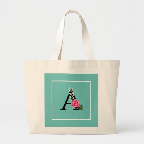 Monogram Initial Letter A in White Pink Rose Large Tote Bag