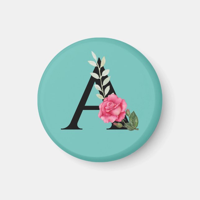 Monogram Initial Letter A in White Pink Rose Magnet (Front)
