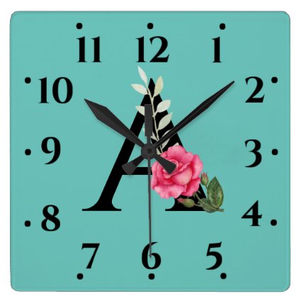 Monogram Initial Letter A in White Pink Rose Square Wall Clock