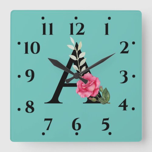 Monogram Initial Letter A in White Pink Rose Square Wall Clock