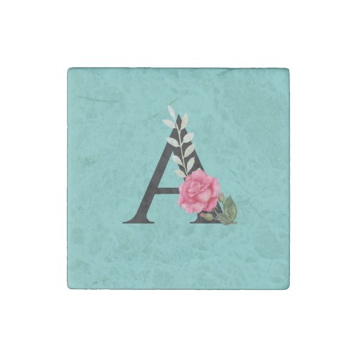 Monogram Initial Letter A in White Pink Rose Stone Magnet