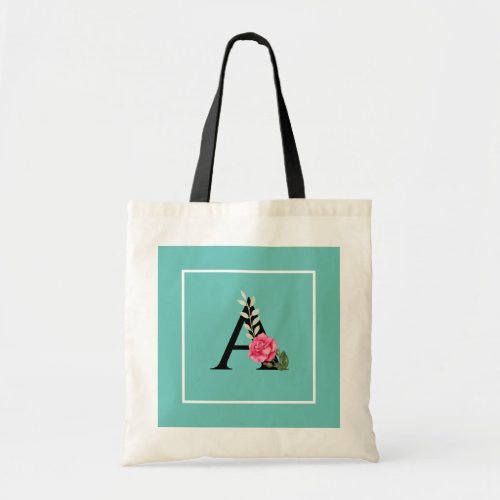 Monogram Initial Letter A in White Pink Rose Tote Bag