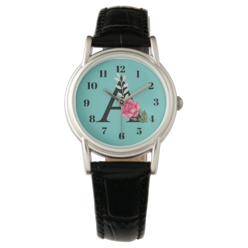Monogram Initial Letter A in White Pink Rose Watch