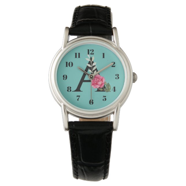 Monogram Initial Letter A in White Pink Rose Watch (Front)