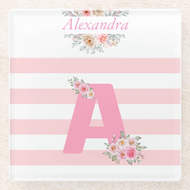 Monogram Initial Letter A Pretty Pink  Letter A   Glass Coaster (Front)