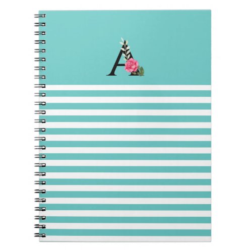 Monogram Initial Letter A White Pink Rose Stripes Notebook