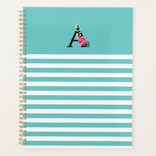 Monogram Initial Letter A White Pink Rose Stripes Planner