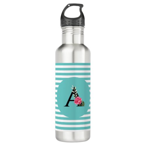 Monogram Initial Letter A White Pink Rose Stripes Stainless Steel Water Bottle