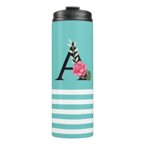 Monogram Initial Letter A White Pink Rose Stripes Thermal Tumbler