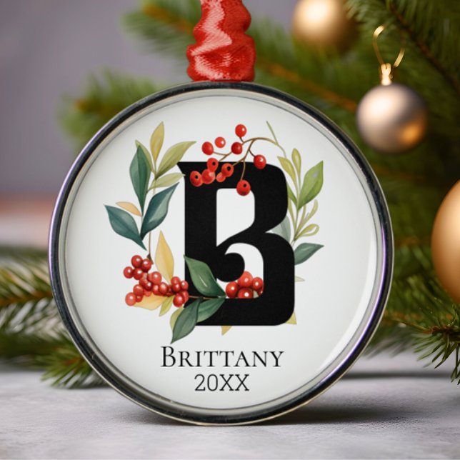 Monogram Initial Letter B Berry Wreath Christmas Metal Ornament (Creator Uploaded)