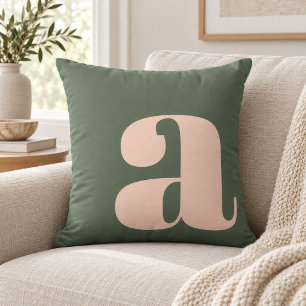 Monogram Initial Letter Bold Earthy Pink Green Throw Pillow