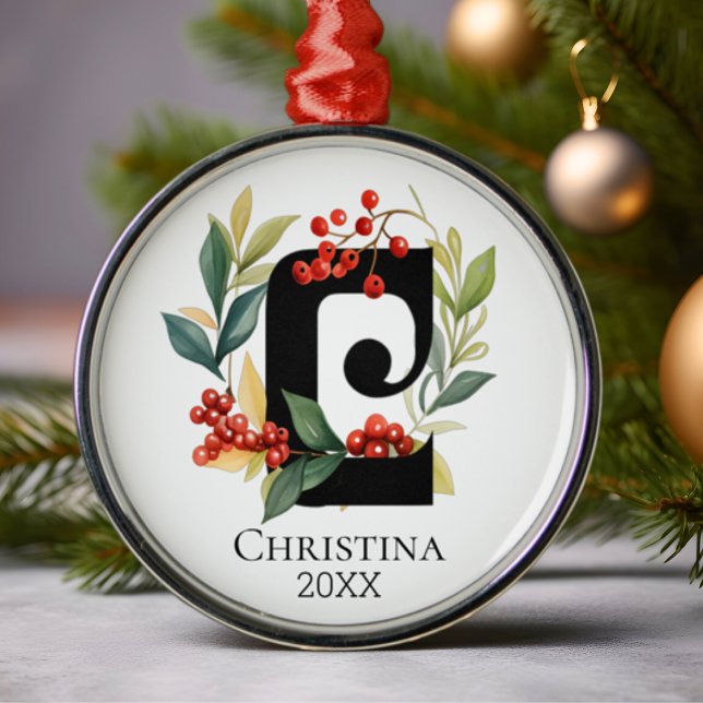 Monogram Initial Letter C Berry Wreath Christmas Metal Ornament (Creator Uploaded)