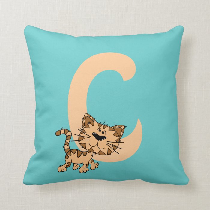 Monogram initial letter C, cute cat cartoon custom Throw Pillow